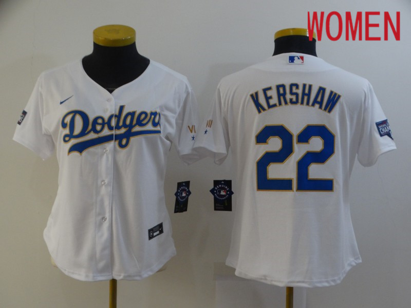 Women Los Angeles Dodgers #22 Kershaw White Game 2021 Nike MLB Jersey1->women mlb jersey->Women Jersey